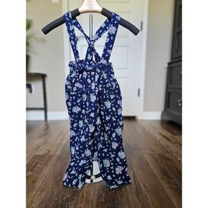 Popsicle Vintage Kids Corduroy Floral Overalls Navy Blue Pink Green Size 4